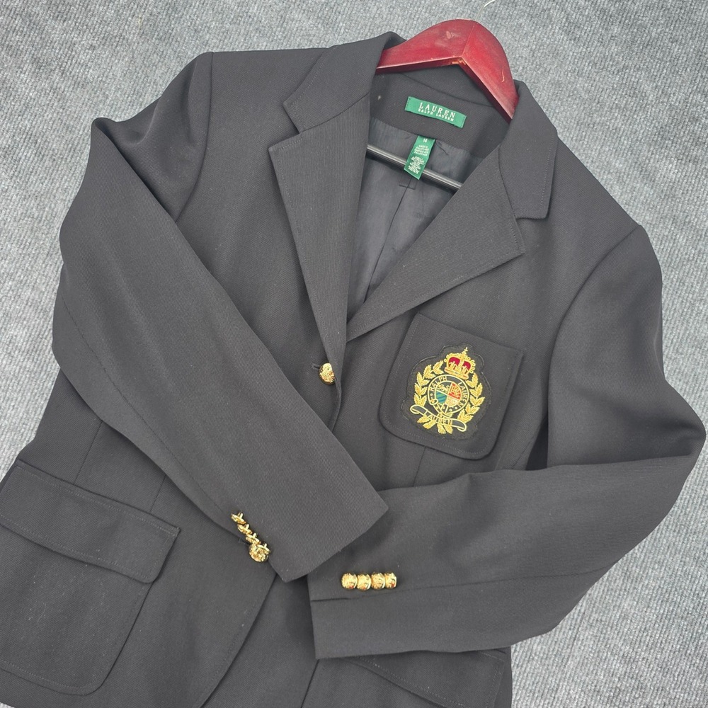 Lauren Ralph Lauren Navy Blue Bullion Crest Blazer Gold Buttons Wool Blend 14